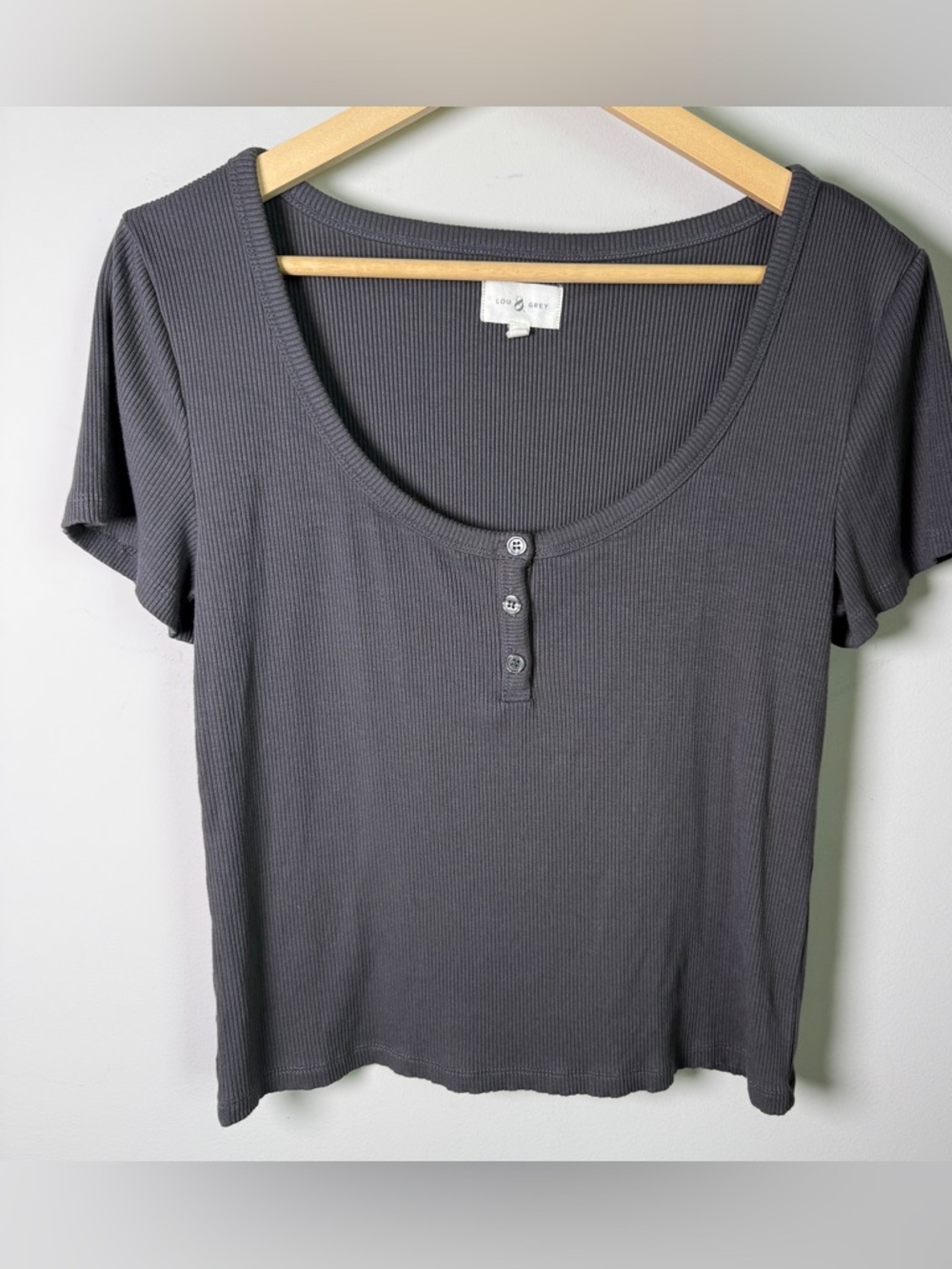 Lou & Grey Ribbed Henley Crop Top | Charcoal Gray | Size L | Y2K Babydoll Flirty